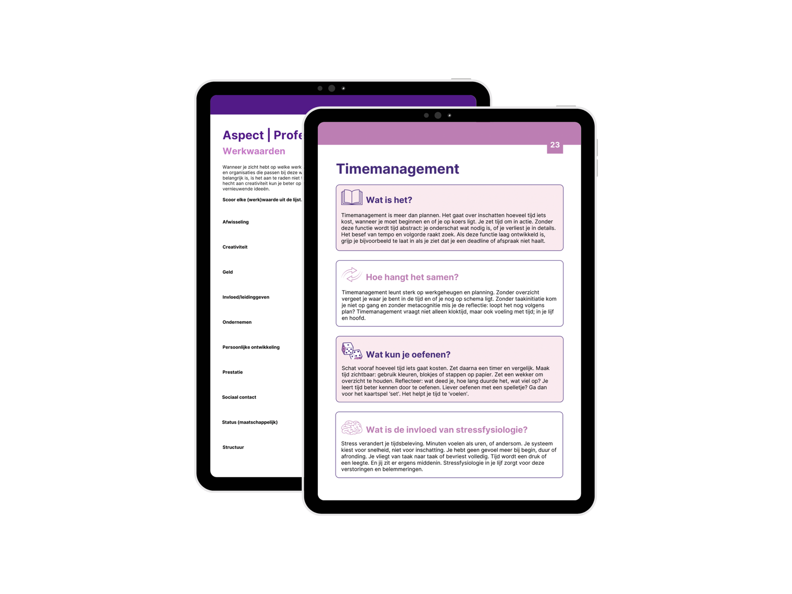 Inkijkpagina's uit de combideal Jezelf verder ontwikkelen over timemanagement en werkwaarden