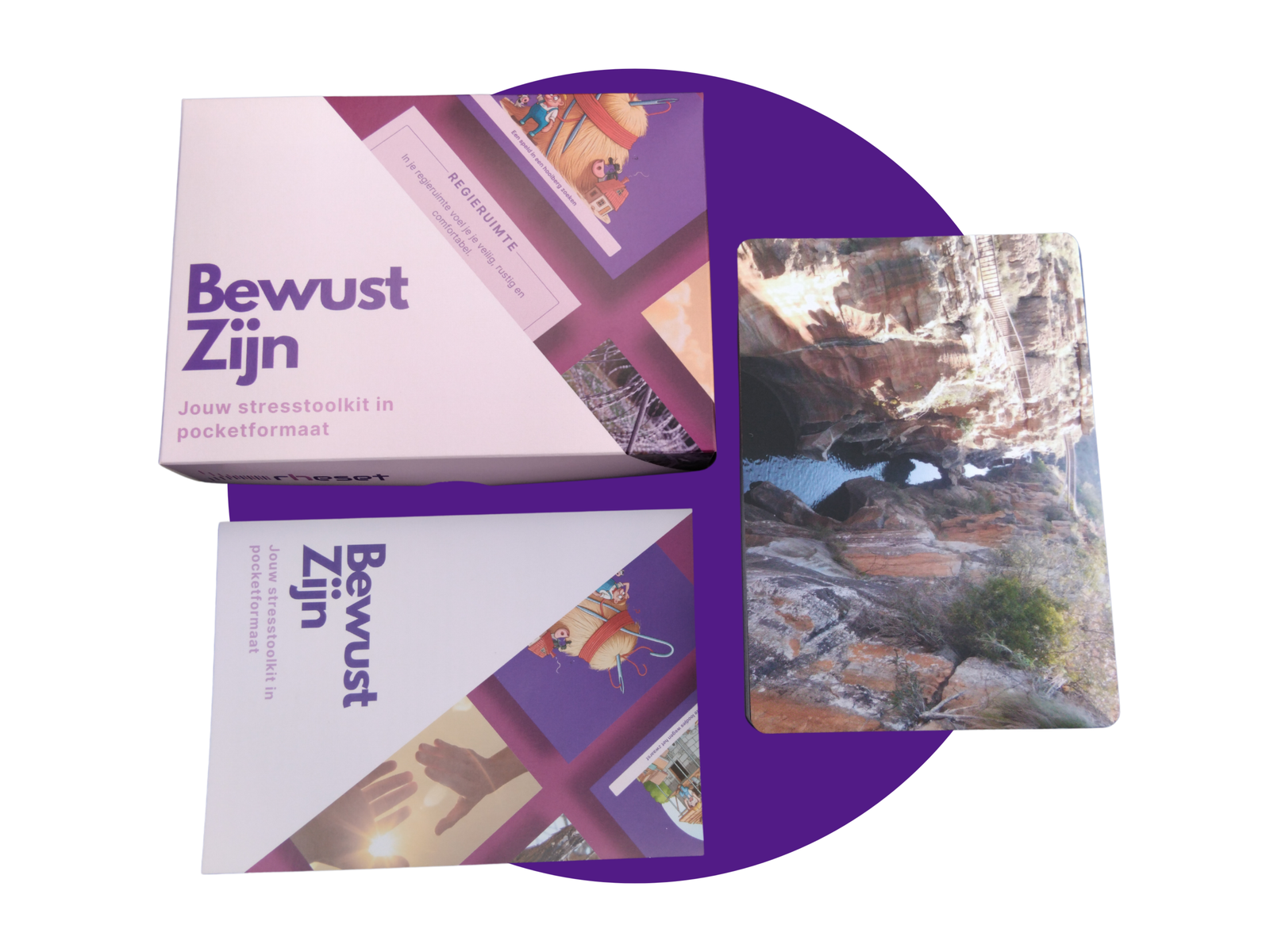 BewustZijn stresstoolkit met verpakking en voorbeeld van een fotokaart