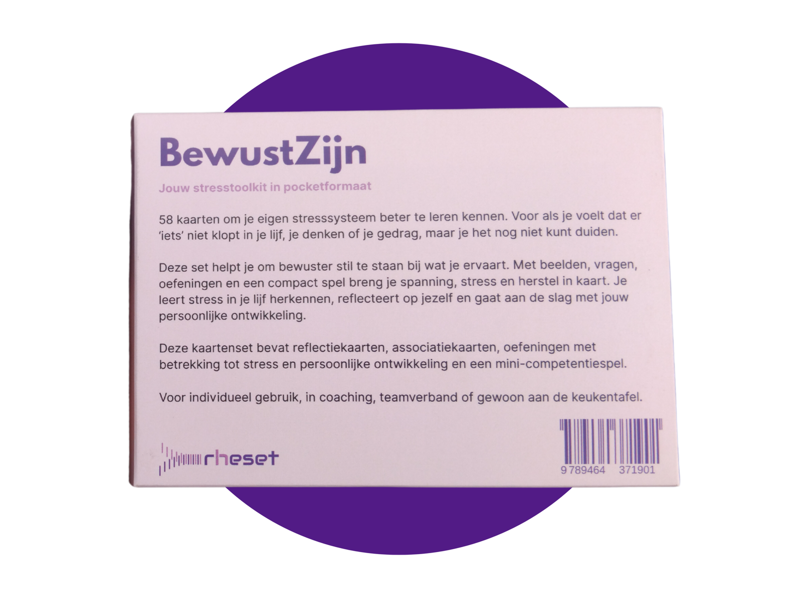 Achterkant van de BewustZijn stresstoolkit met uitleg over de 58 coachkaarten